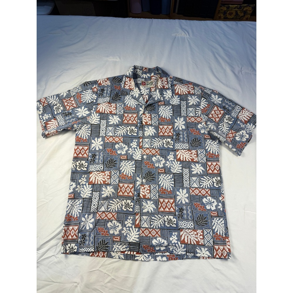 Hilo Hattie Hawaiian Original Mens‎ Short Sleeve Button Up Shirt Blue Floral Lg